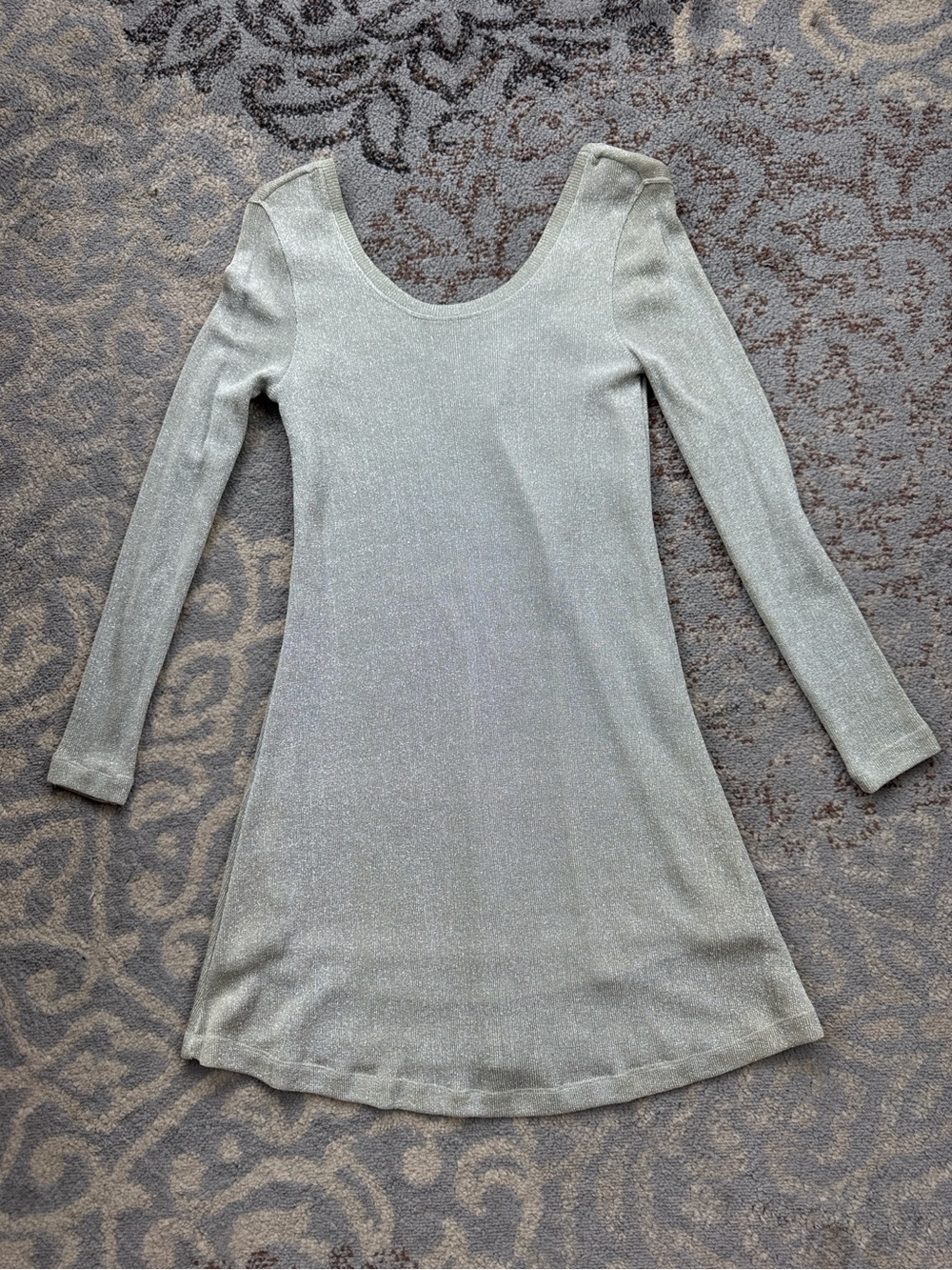 Vintage Britland Metallic Shimmer Long Sleeve Scoop Neck Dress Silver 9